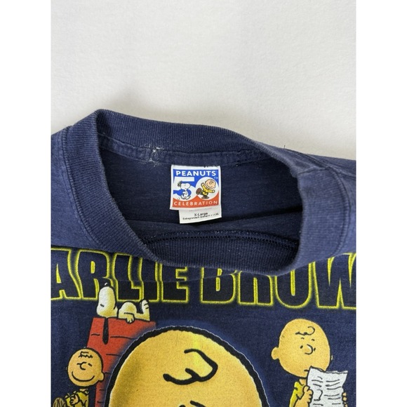 Vintage Peanuts Charlie Brown Mens XL Basicss Gold label Navy Blue T Shirt Tee - Picture 2 of 6